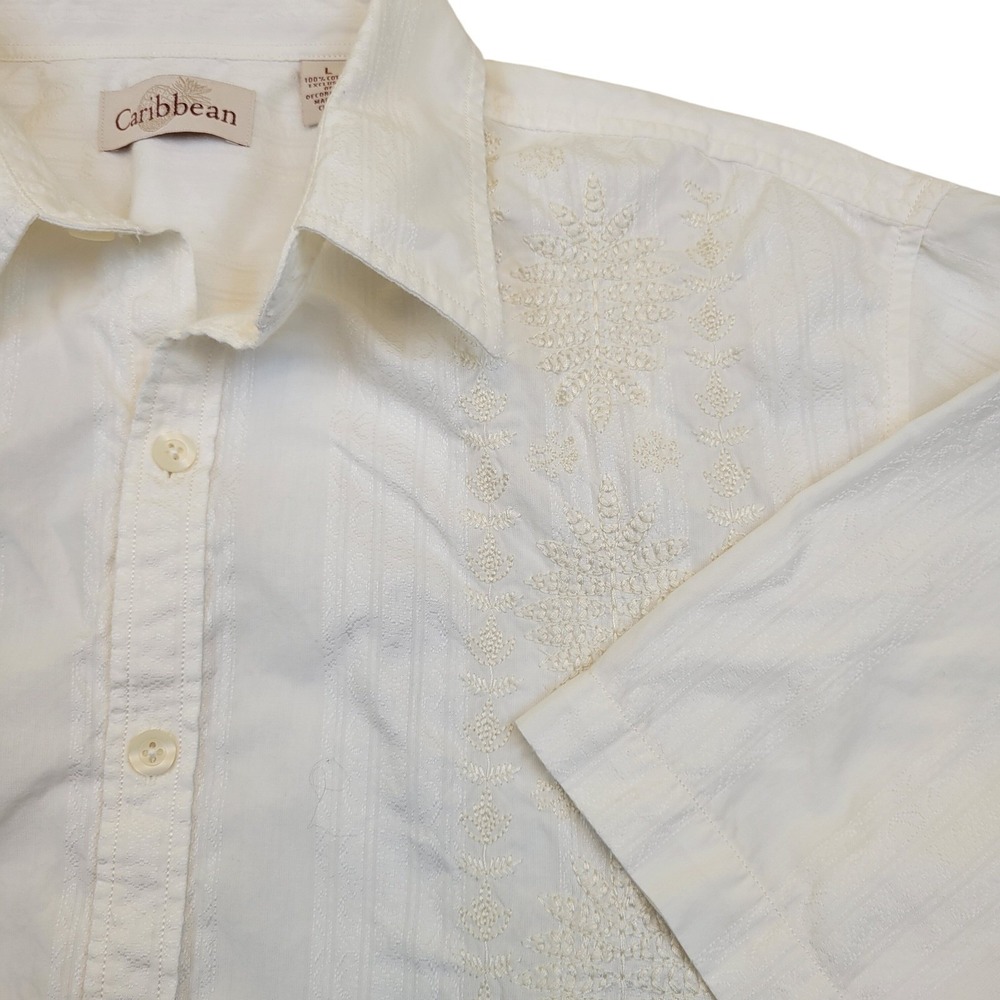 Caribbean Mens Large L Short Sleeve Embroidered Button Up Shirt 100% Cotton Ecru